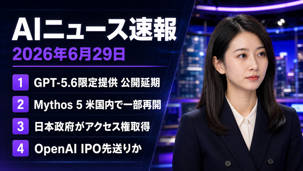 2026年06月29日のAIニュース — OpenAI新モデル「GPT-5.6」、米政府要請で一般公開延期